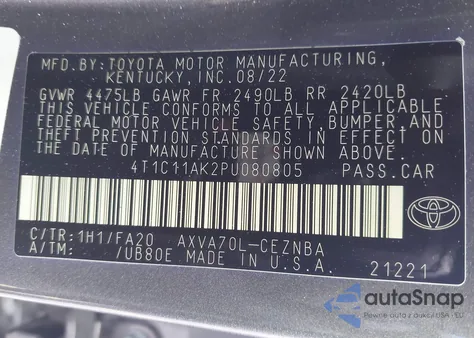 2023 Toyota Camry Le z USA, uszkodzony, nr VIN 4T1C11AK2PU080805